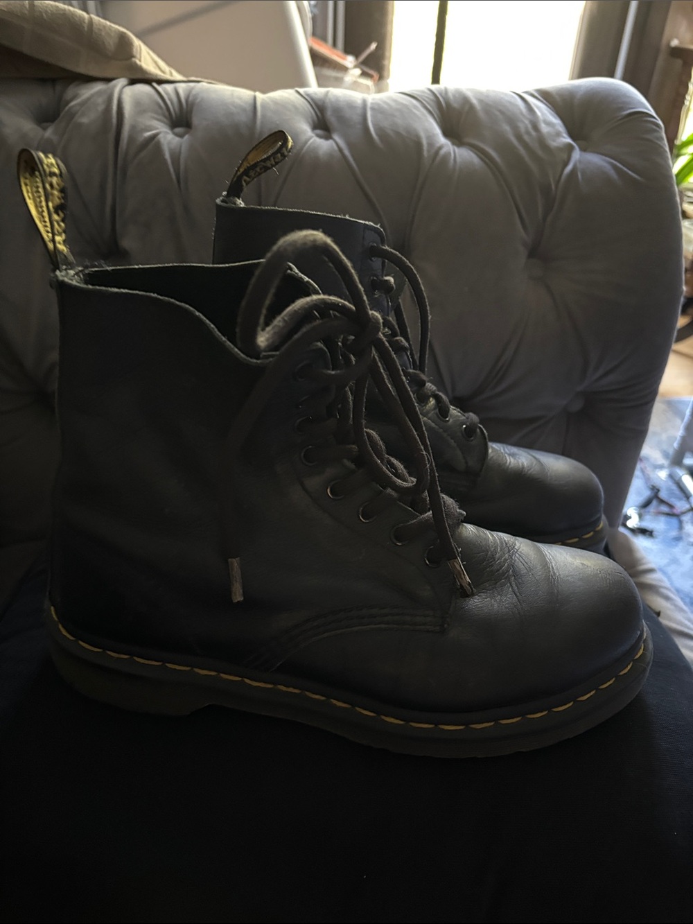 Dr. Martens Black Lace-Up Leather Ankle Boots with Yellow Stitching